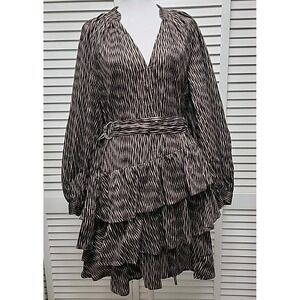 Banana Republic SZ S Dress Tiered Ruffle Abstract Animal Print Long Sleeve Brown